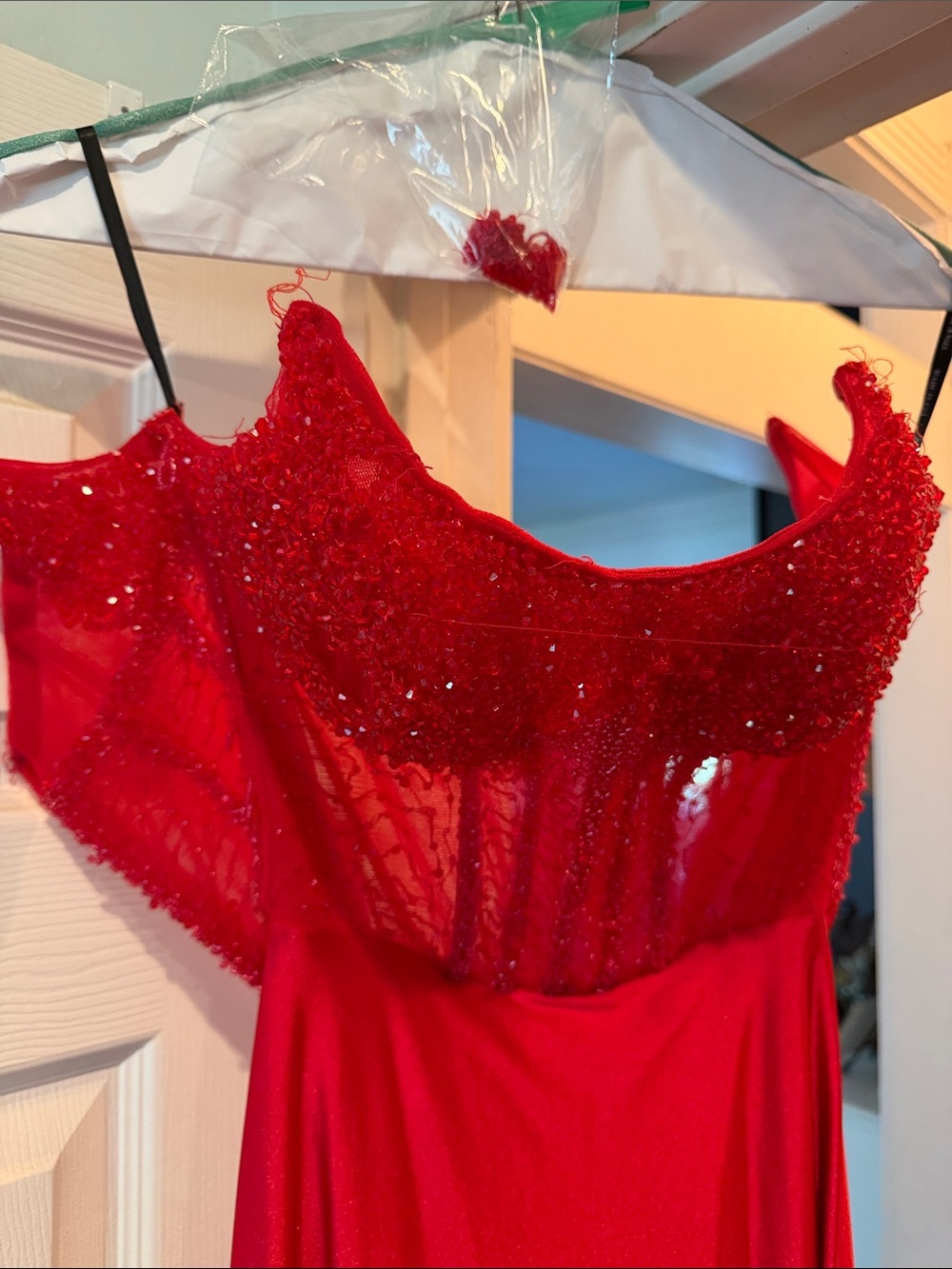 Red Off-Shoulder Beaded Prom Dress - Picture 2 of 6